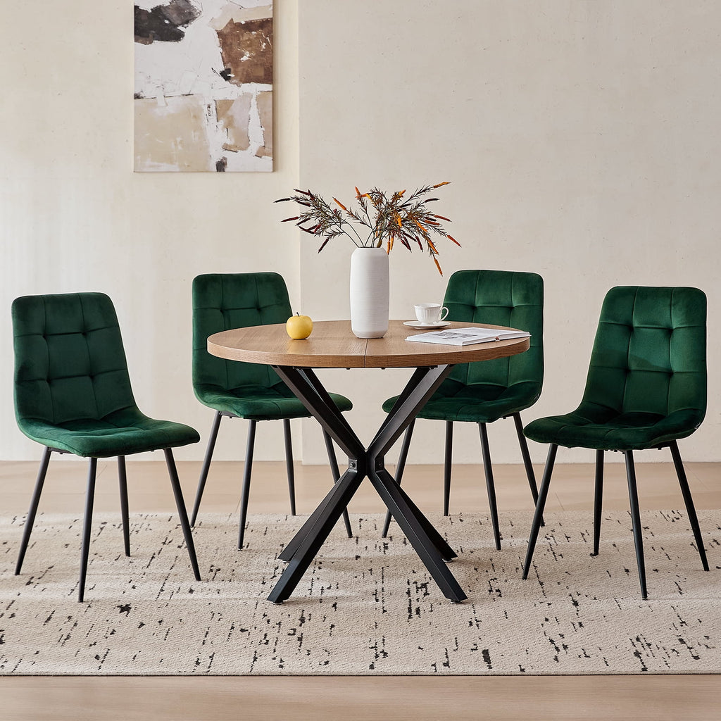 5 Piece 39 Round Dining Table Set for 4, Mid Century Kitchen Table with 4 Khaki Fabric Upholstered Dining Chairs for Apartment Living Room, Space Saving Table.