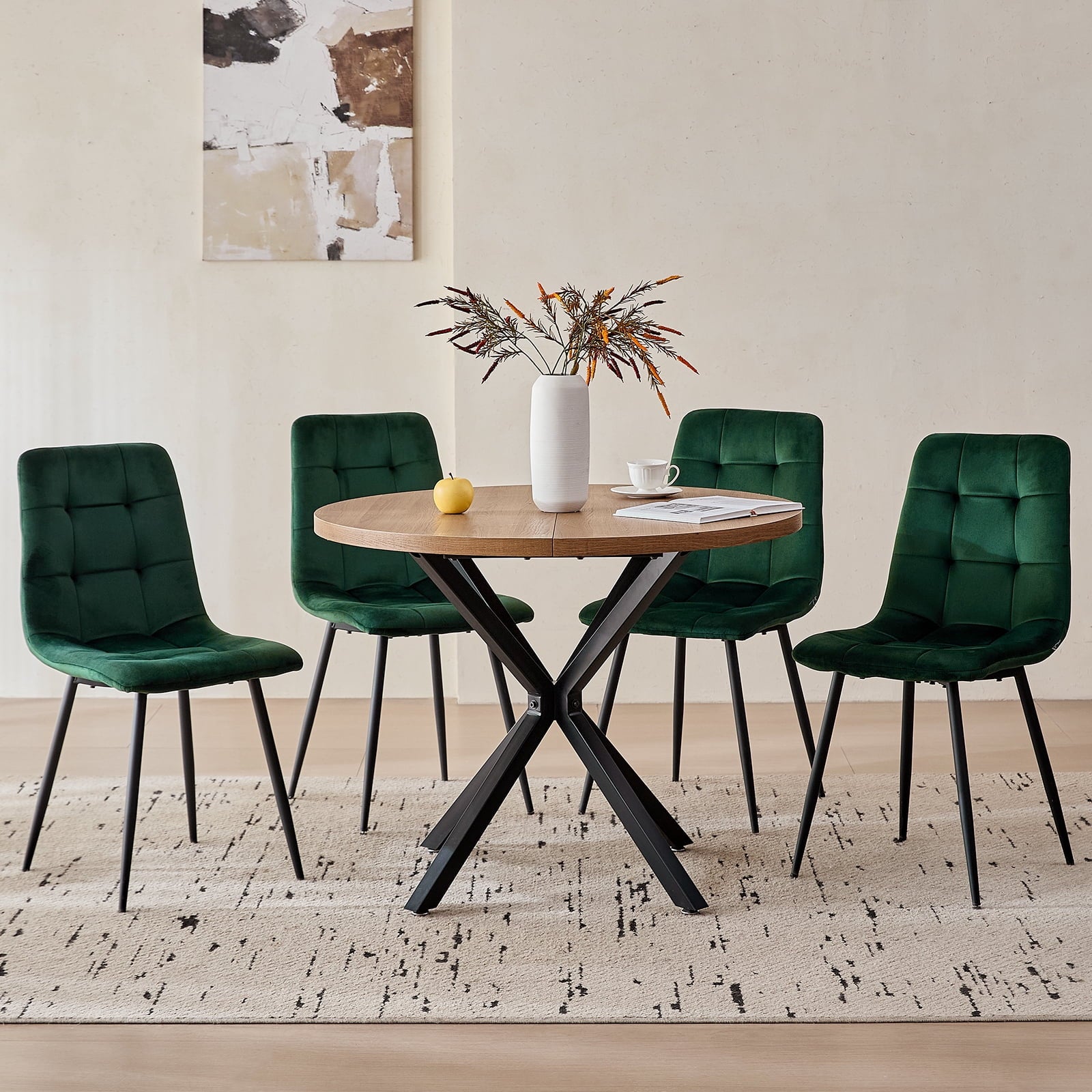 5 Piece 39 Round Dining Table Set for 4, Mid Century Kitchen Table with 4 Khaki Fabric Upholstered Dining Chairs for Apartment Living Room, Space Saving Table.
