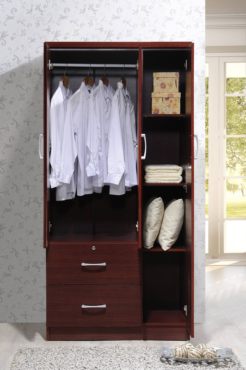 Hodedah 3 Door Bedroom Armoire with Drawers, White Finish