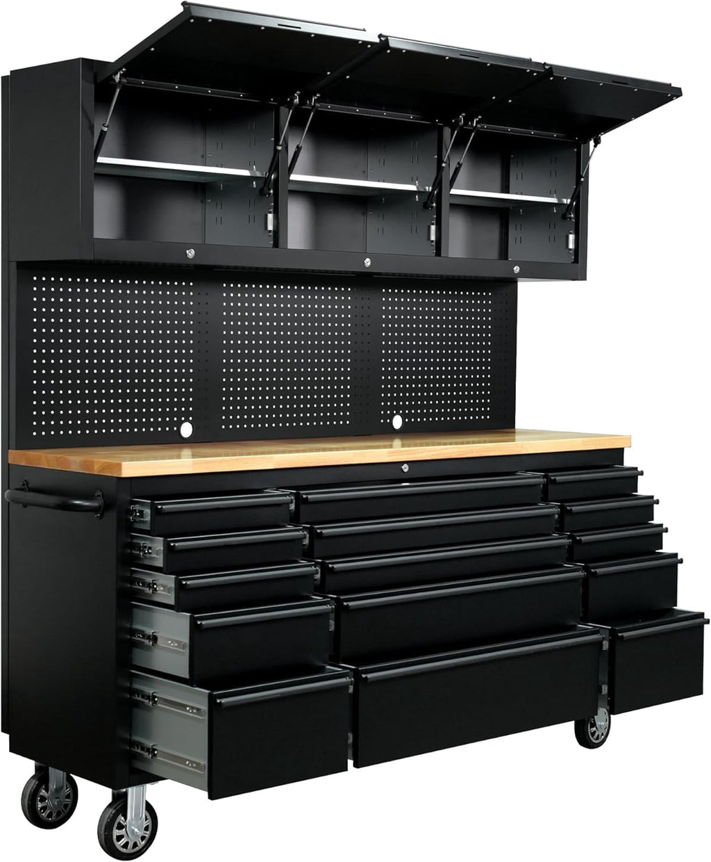 72-inch Rolling Tool Chest Cabinet Garage Workbench with 15 Storage Drawers and Wheels, 3 Upper Cabinet, Pegboard, Steel Large Tool Box for Garage Workshop, Matte Black