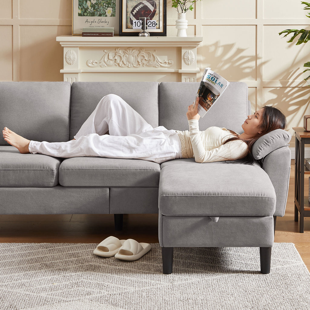 Jarenie 80 Convertible Sectional Sofa, Small L Shaped 3 Seat Couch with Reversible Storage Chaise, Modern Polyester Fabric Sofa Couches for Living Room, Apartment and Small Space, Beige