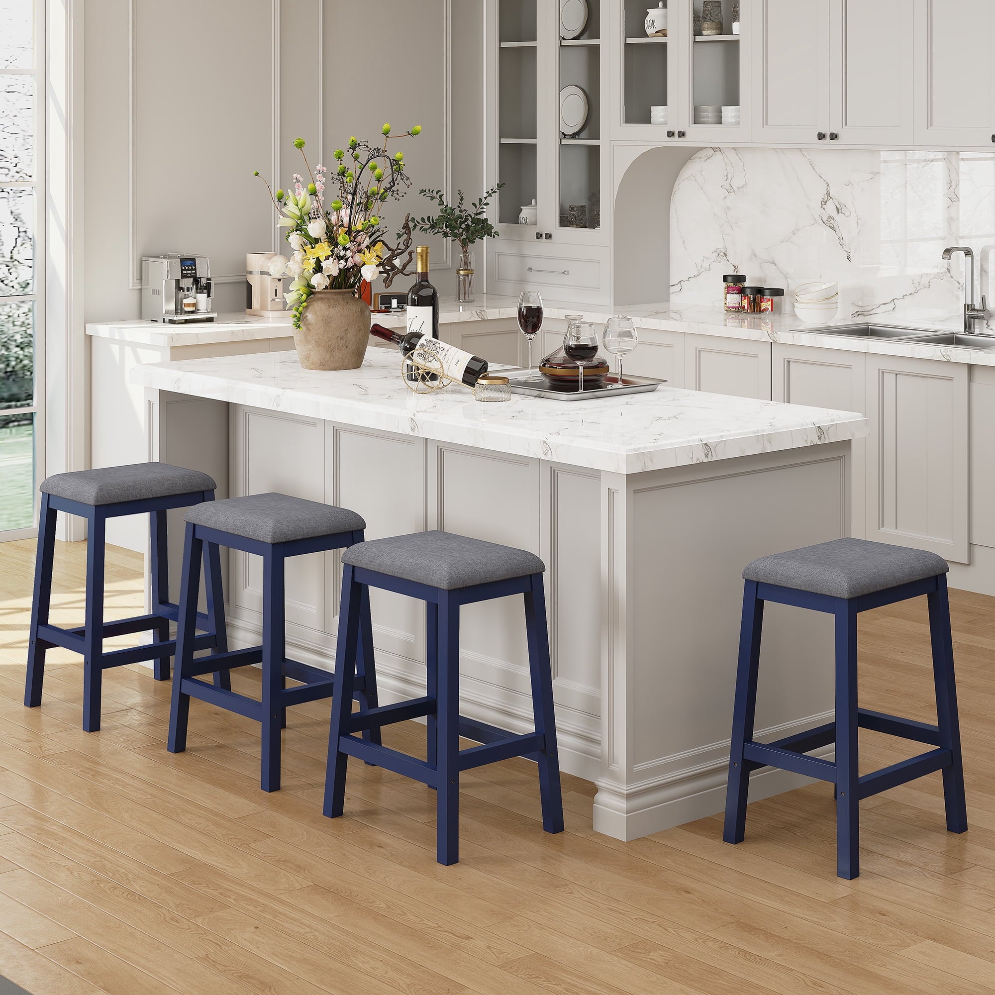 HLR 24.8 Bar Stools, Farmhouse Set of 2 Bar Chairs with Cushion for Kitchen, Dining Room, Cafe Black