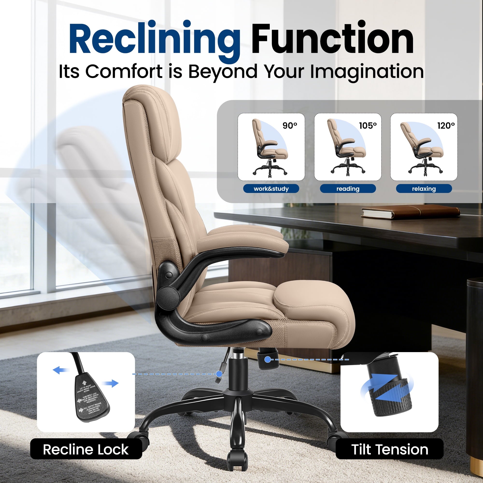 STACOO High Back Executive Office Chair 400lbs, Big and Tall Ergonomic Desk Chair with Lumbar Support & Flip-up Armrests, PU Leather Swivel Chair with Adjustable Height – Brown