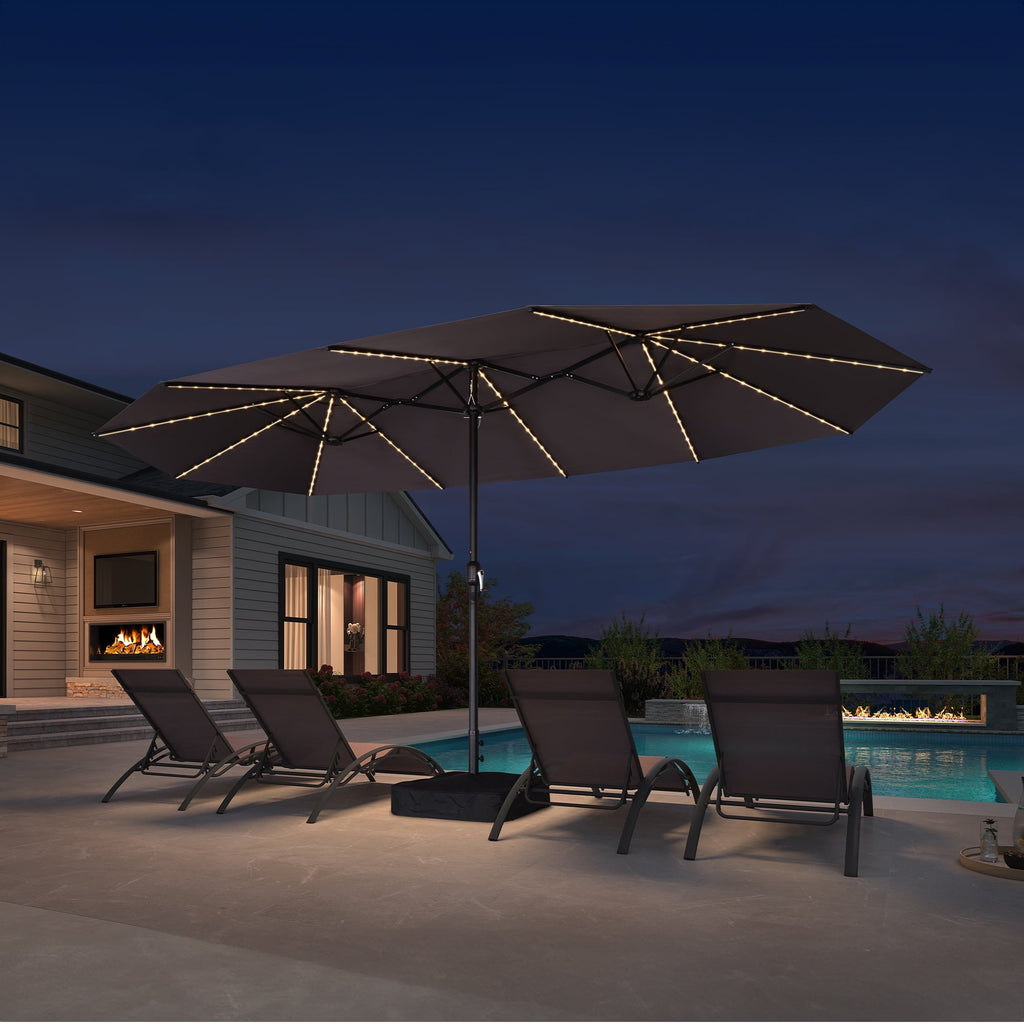 PURPLE LEAF 13ft Market Patio Umbrella with Solar LED and Base Double-Sided Sun Umbrellas for Pool Beach Deck Backyard Taupe