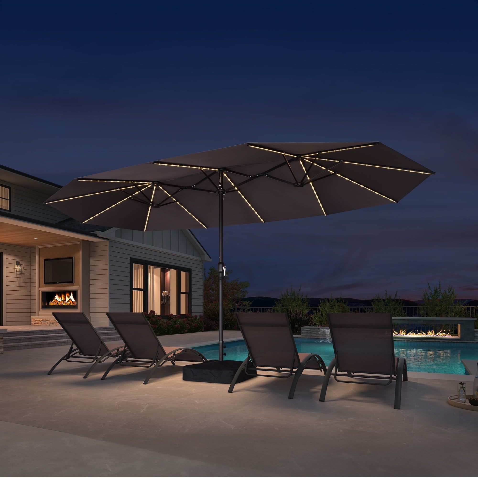 PURPLE LEAF 13ft Market Patio Umbrella with Solar LED and Base Double-Sided Sun Umbrellas for Pool Beach Deck Backyard Taupe