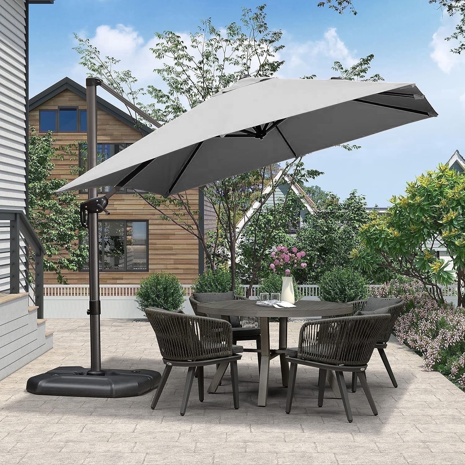 PURPLE LEAF 10x10 Ft Cantilever Umbrella Square Outdoor Patio Umbrella Large Offset Hanging Umbrella Aluminum Umbrella with 360°Rotation Adjustable Garden Pool Umbrella,Gray