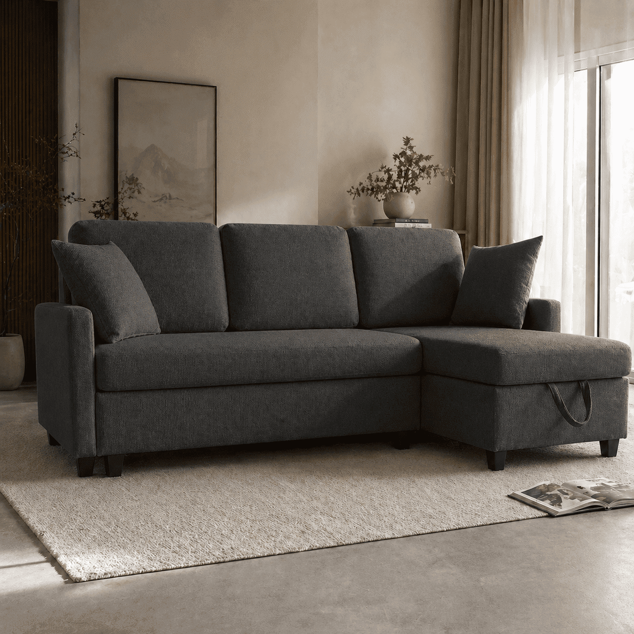 BINBANK L-Shaped Chenille Pull Out Sleeper and Storage Chaise Sectional Futon Sofa Bed with USB, Gray/Beige