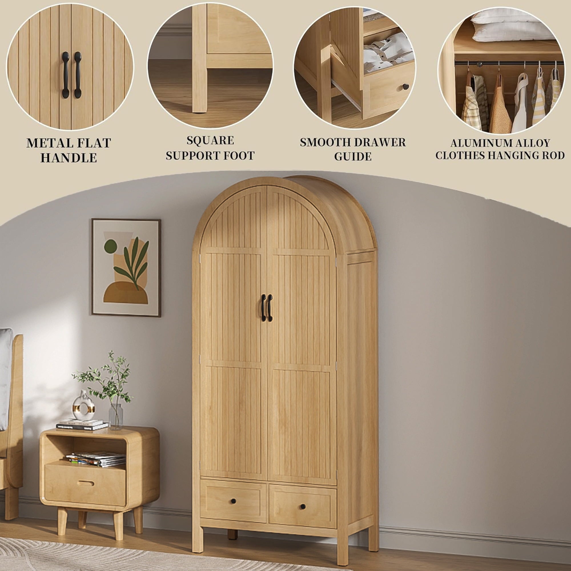 Armoire Wardrobe Closet, Wardrobe Cabinet with Drawers and Hanging Rod, Wooden Armoire Closet for Bedroom, Walnut