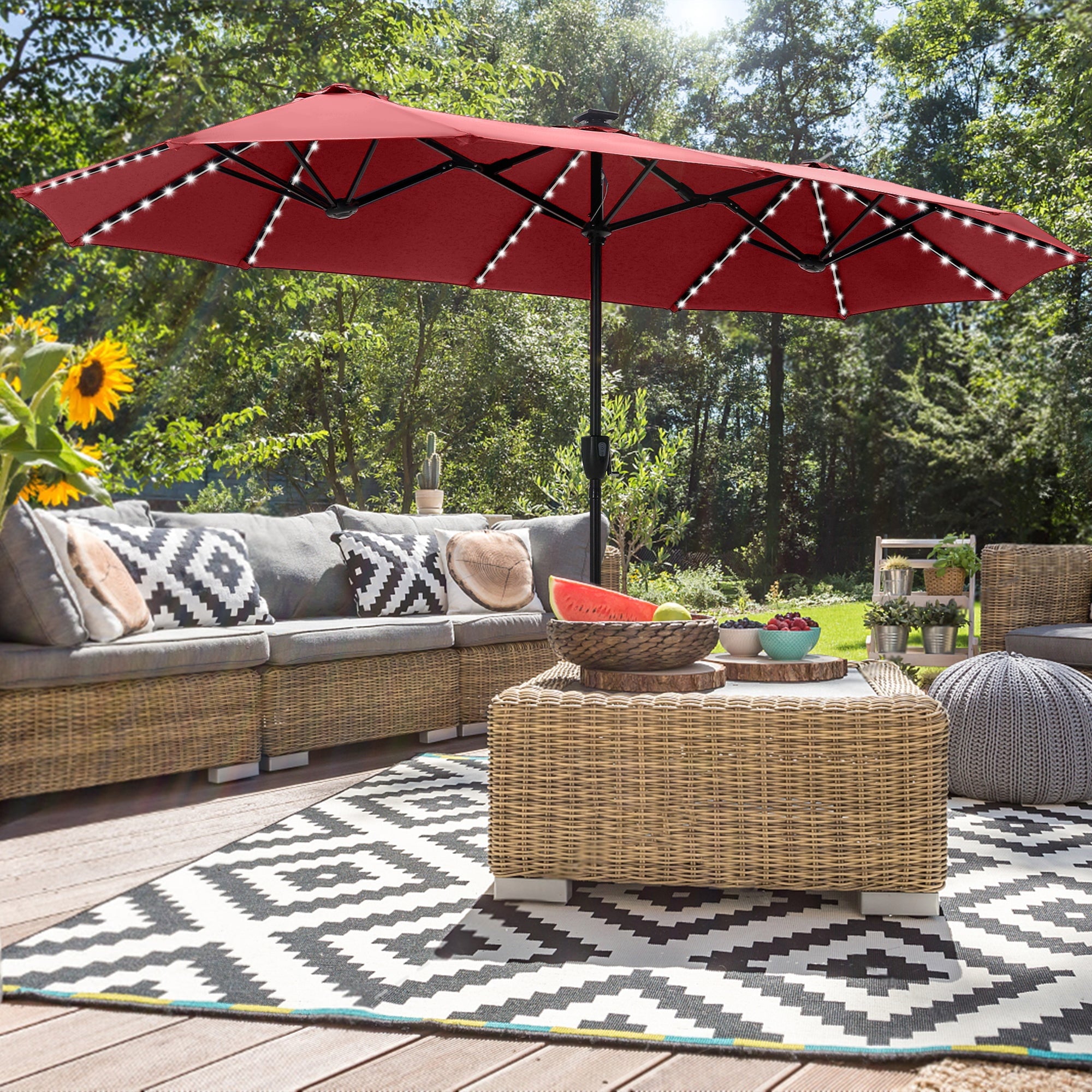 Alpha Joy 13ft Large Double-Sided Outdoor Patio Umbrella with Colorful Solar Lights, Navy Blue