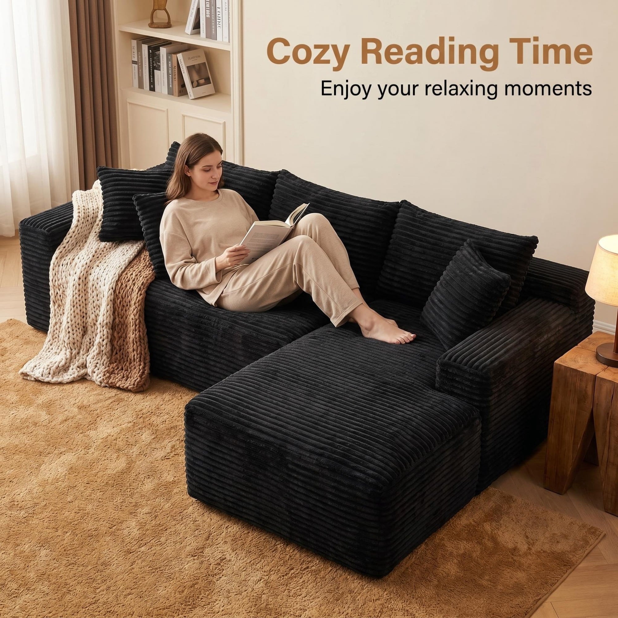 LLappuil 108 Sectional Sofa, Modular Sectional Couch with Left Chaise, Deep Seat Corduroy Cloud Sofa for Living Room Black