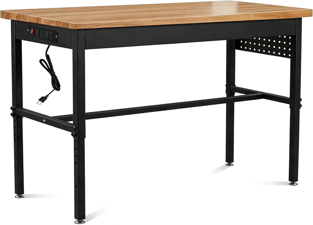 60 Inch Adjustable Workbench with Power Outlet, 2500 LBS Heavy Duty Double-Layer Workbench with Hardwood Top, 6-Level Height Adjustable Garage Work Table with Wheels, Rolling Workstation for Workshop