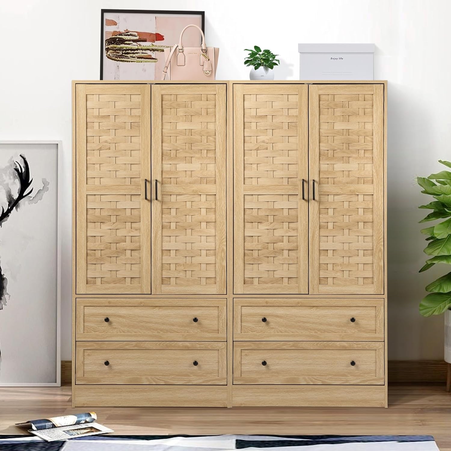 Wirrytor Freestanding Wooden Armoire Wardrobe with 2 Woven Doors and Storage Drawers, Space-Saving Closet Cabinet for Bedroom, Sturdy Mdf Board Closet with Hanging Rail