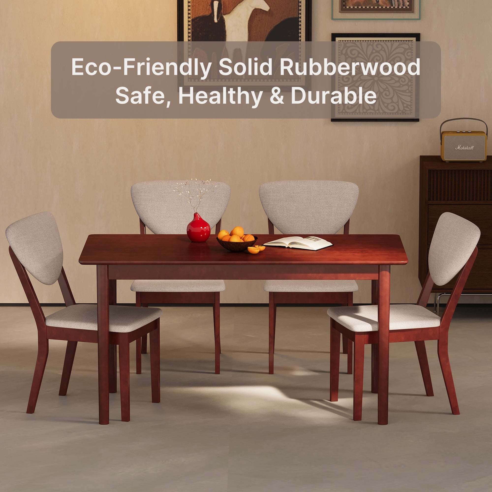 Noelse 5 Piece Dining Table Set for 4, Kitchen Table and Chairs Set with Upholstered Seats and Backrests, Wooden Frame for Kitchen Dining Room
