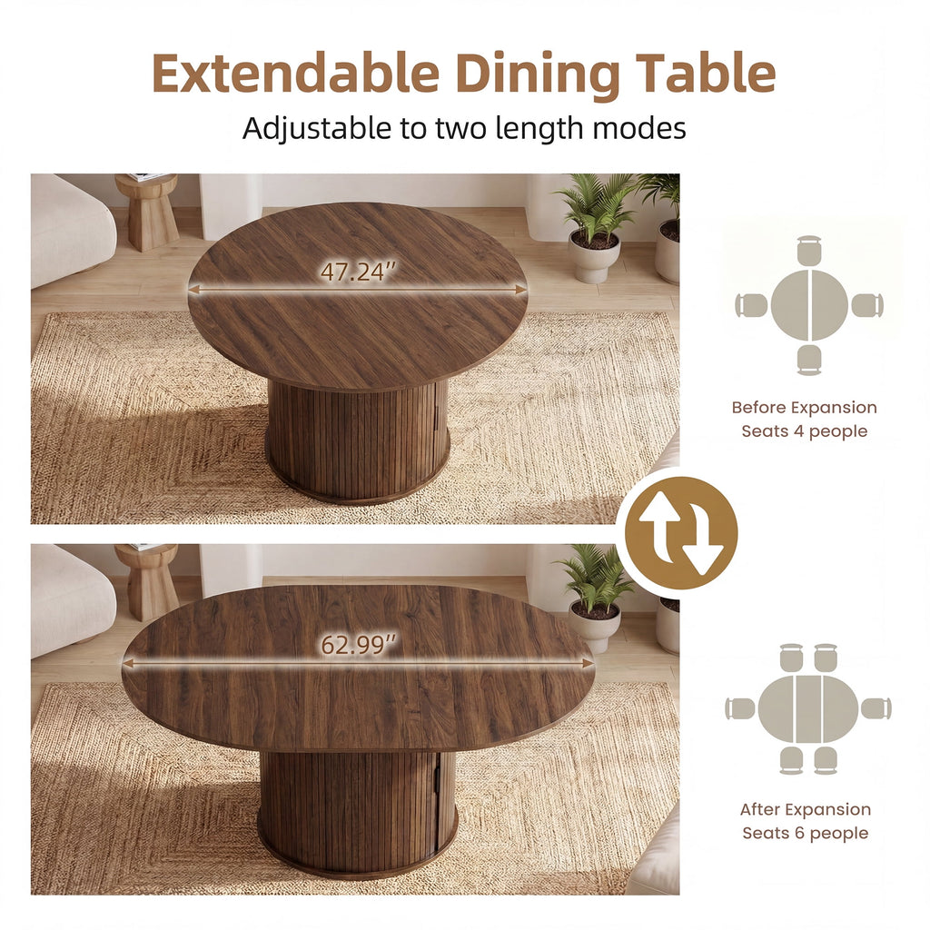 EOP 47″- 63″ Extendable Round Dining Table for 4-6, Wooden Kitchen Table with Hidden Storage and Fluted Sliding Door Cabinet, Modern Space-Saving Table for Dining Room Kitchen, Walnut