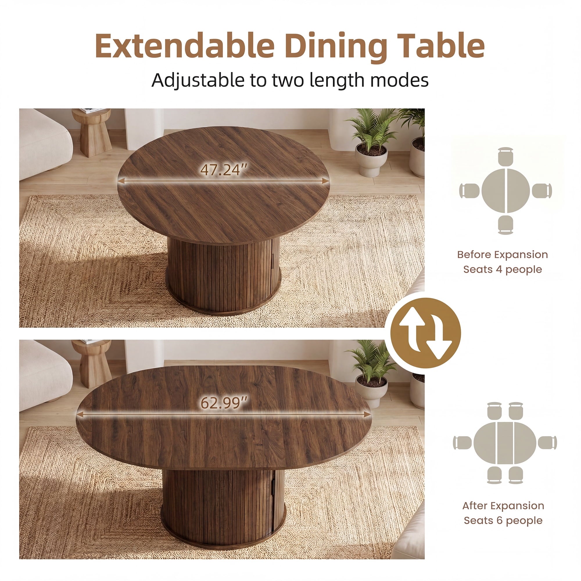 EOP 47″- 63″ Extendable Round Dining Table for 4-6, Wooden Kitchen Table with Hidden Storage and Fluted Sliding Door Cabinet, Modern Space-Saving Table for Dining Room Kitchen, Natural Wood