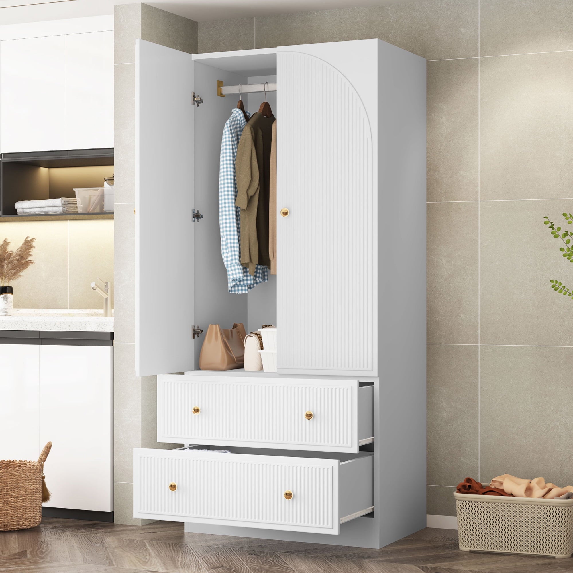 Wirrytor Freestanding Wooden Armoire Wardrobe with 2 Woven Doors and Storage Drawers, Space-Saving Closet Cabinet for Bedroom, Sturdy Mdf Board Closet with Hanging Rail