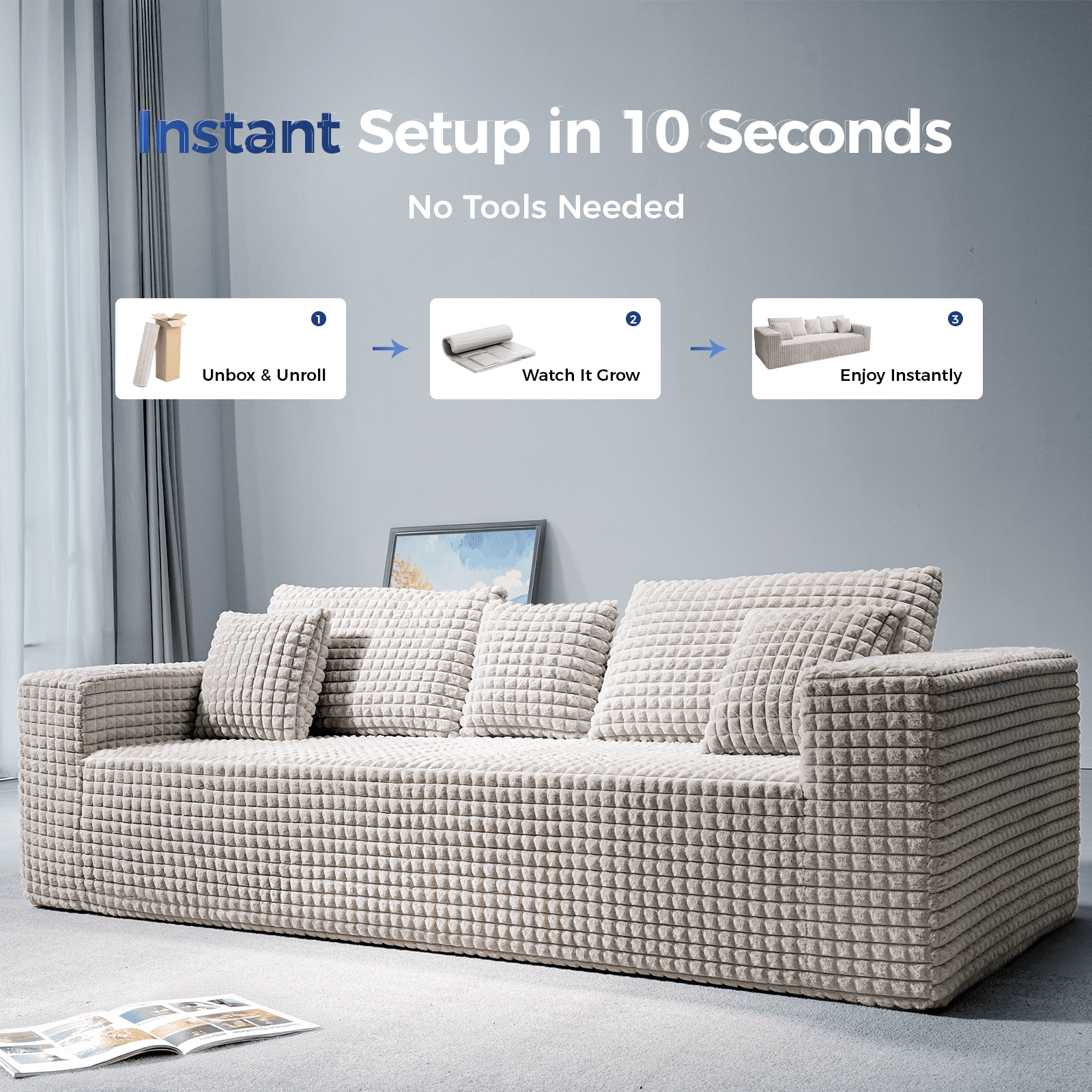 Patbrela 101 Couch for Living Room Furniture Diamond Boneless Sofa with 31-inch Extra Deep Seat, No Assembly, Gray