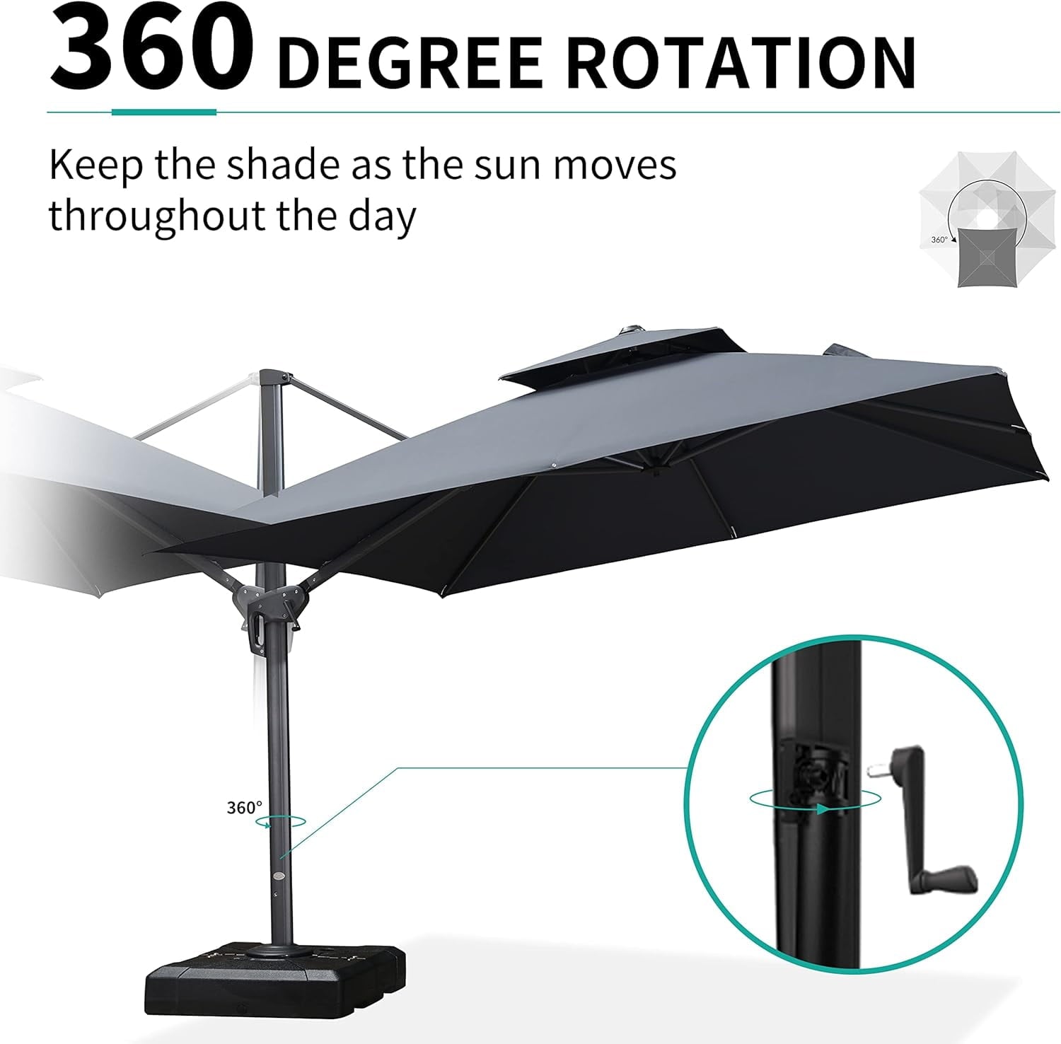 PURPLE LEAF Cantilever Umbrellas 12FT Square Large Patio Umbrella Offset Umbrella with 360°Rotation Tilting And Hanging Double Top, Grey