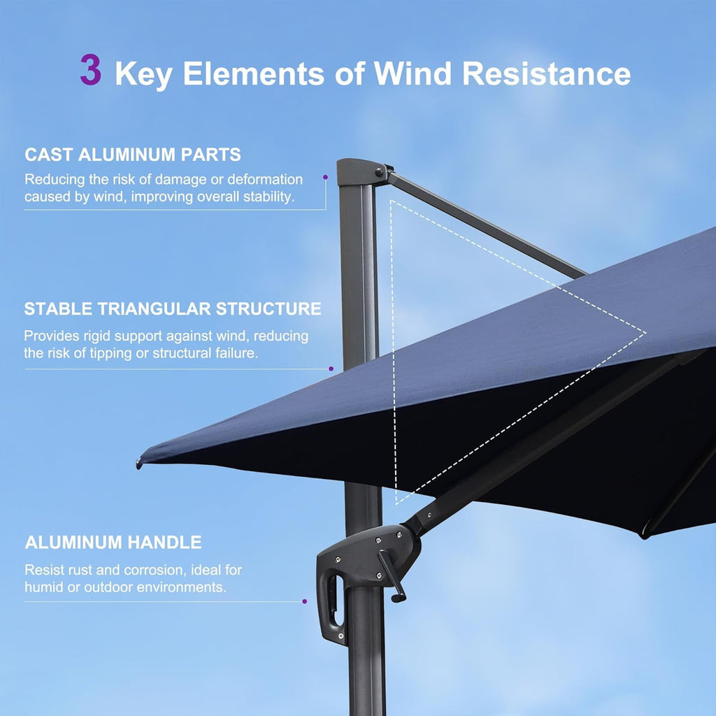 PURPLE LEAF Cantilever Umbrellas 12FT Square Large Patio Umbrella Offset Umbrella with 360°Rotation Tilting And Hanging Double Top, Grey