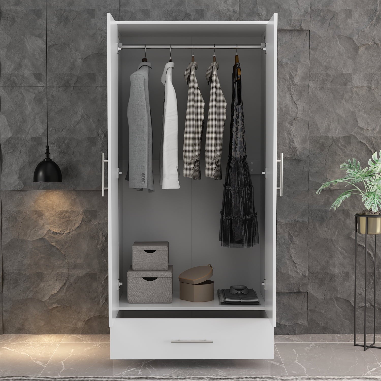 Wiawg 2 Door Wardrobe Armoire,Mirrored Closet Storage with Drawers and Shelves,White