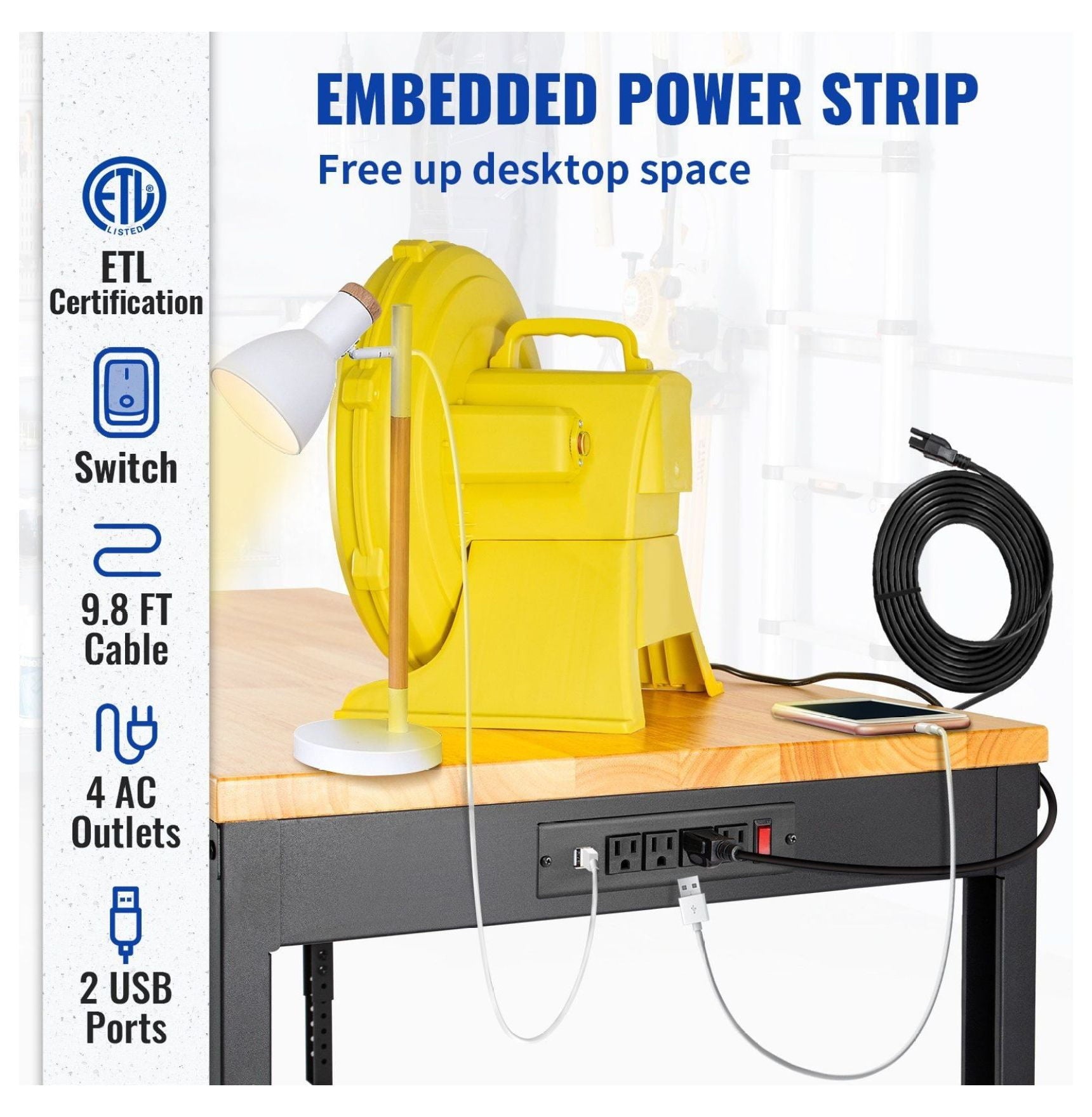 Adjustable Height Workbench 48x20, 2000 LBS Capacity Garage Work Table w/Power Outlets, Hardwood Top & Metal Frame, for Office Home DIY Projects