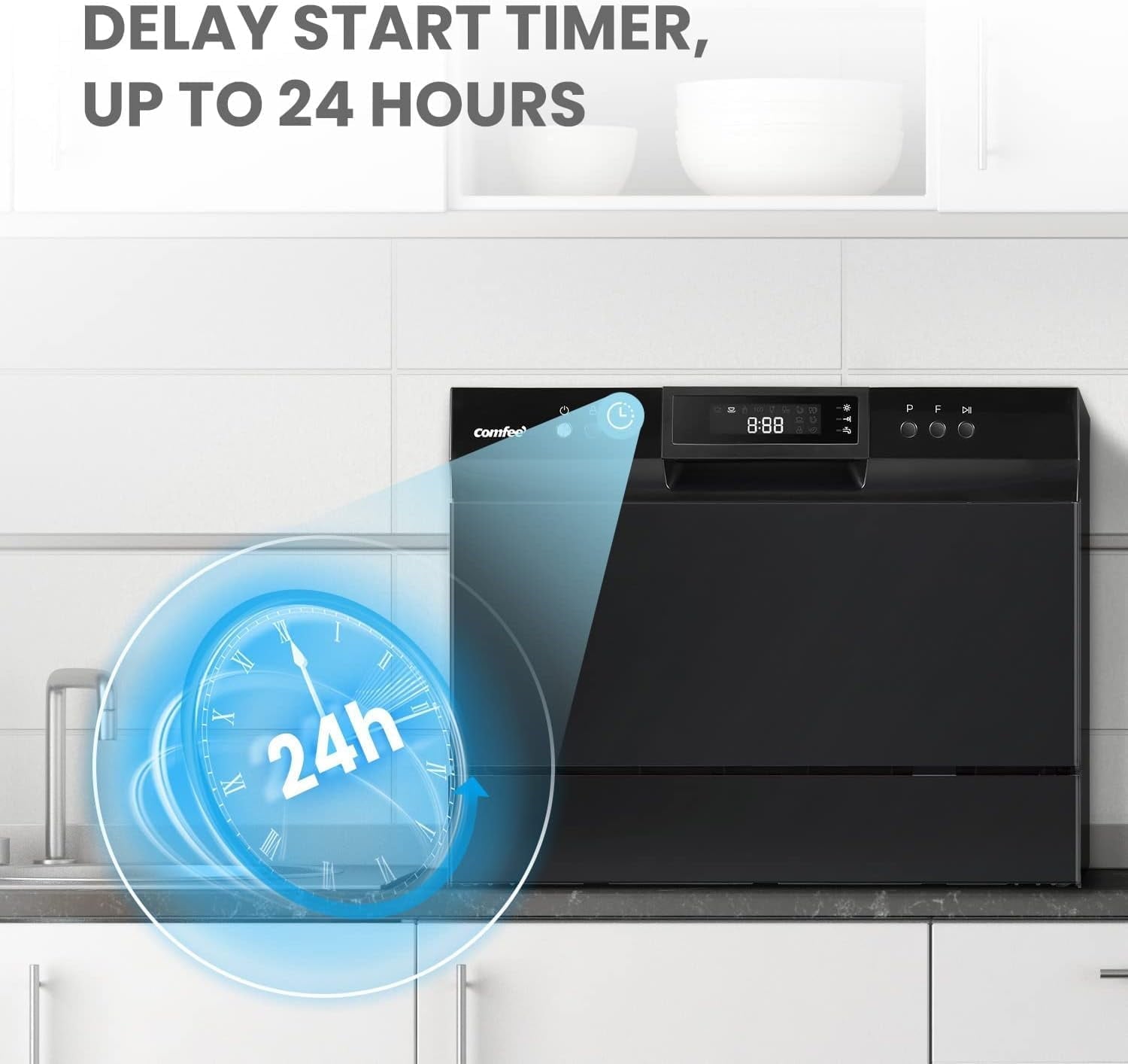COMFEE' Energy Star Countertop Dishwasher, 6 Place Settings & 8 Programs, Speed/Baby-Care/Eco/Glass, Black