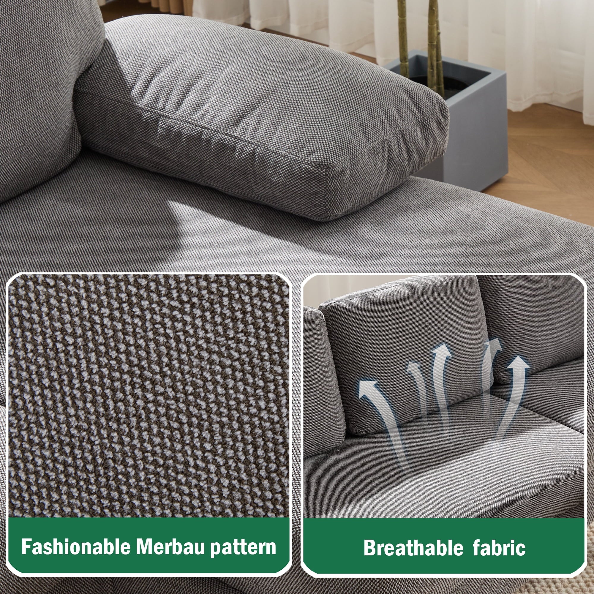 BINBANK L-Shaped Chenille Pull Out Sleeper and Storage Chaise Sectional Futon Sofa Bed with USB, Gray/Beige