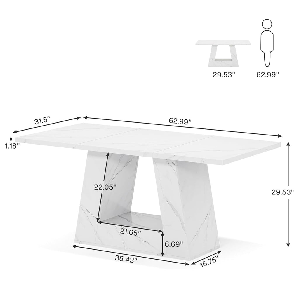 Modern Faux Marble Dining Table, 63 Rectangular 4-6 Seater Wood Table with Sturdy Base, Kitchen Living Room Dinner Table