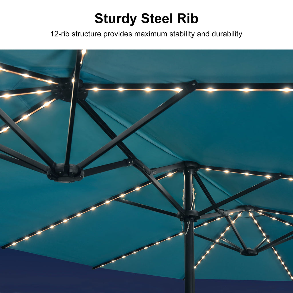 PURPLE LEAF 13ft Market Patio Umbrella with Solar LED and Base Double-Sided Sun Umbrellas for Pool Beach Deck Backyard Taupe