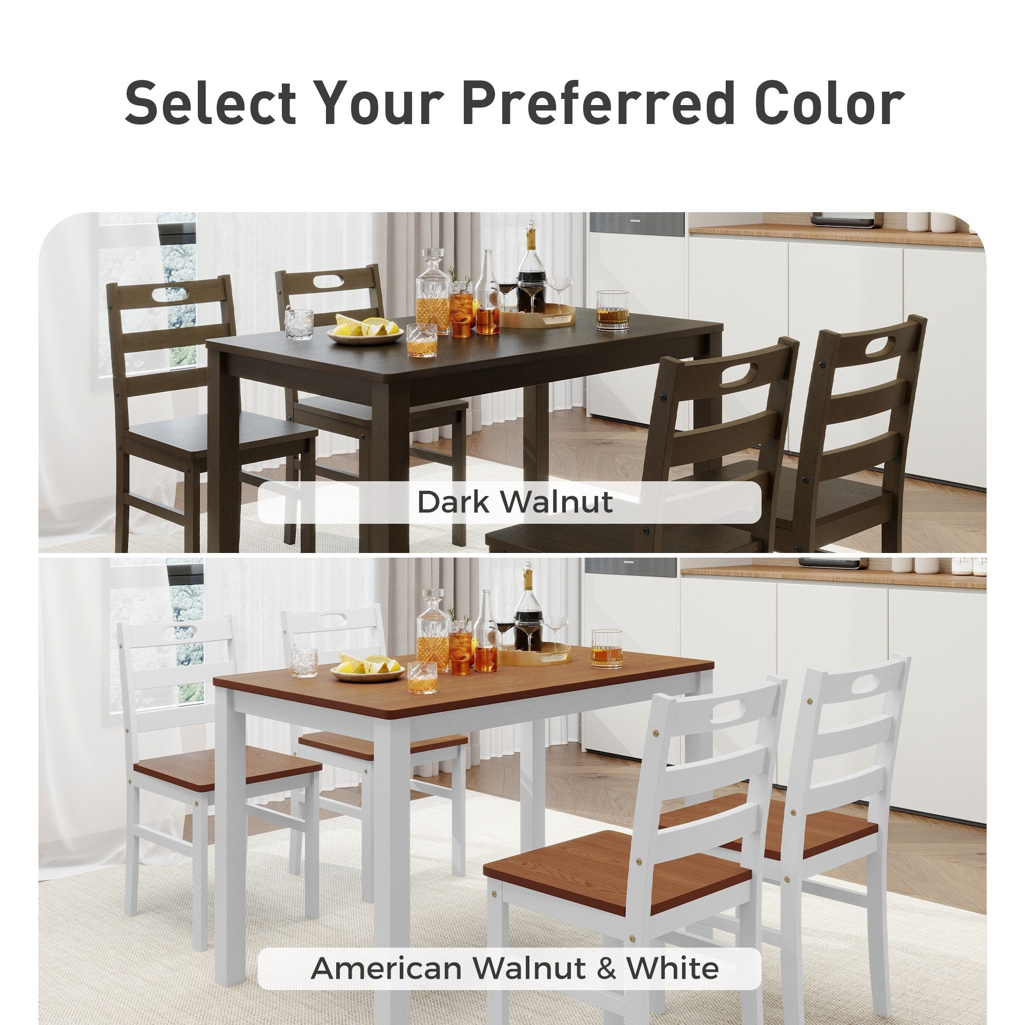Alpha Joy Farmhouse Dining Table Set for 4 Solid Wood Kitchen Chairs and Table Set, Walnut & White