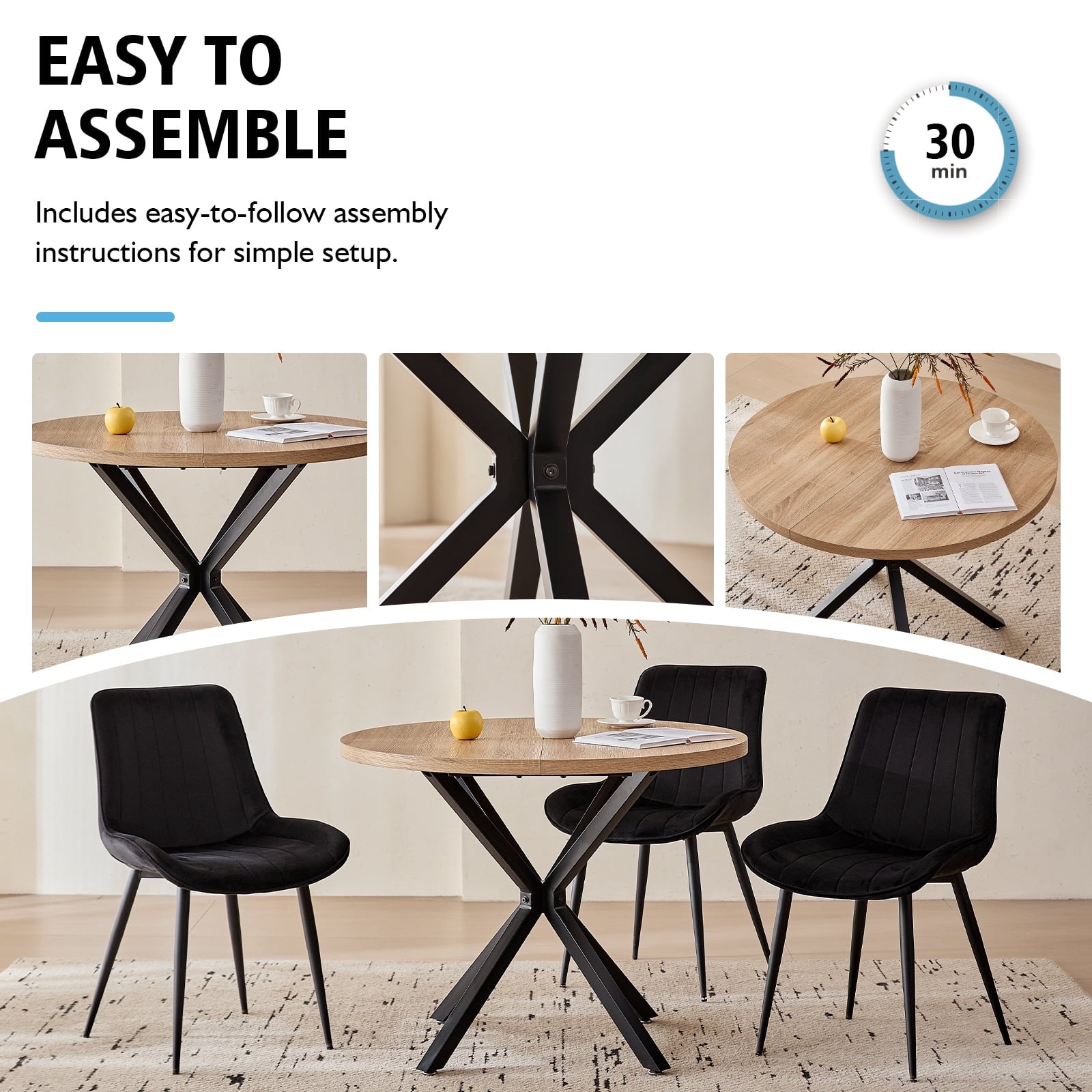 5 Piece 39 Round Dining Table Set for 4, Mid Century Kitchen Table with 4 Khaki Fabric Upholstered Dining Chairs for Apartment Living Room, Space Saving Table.