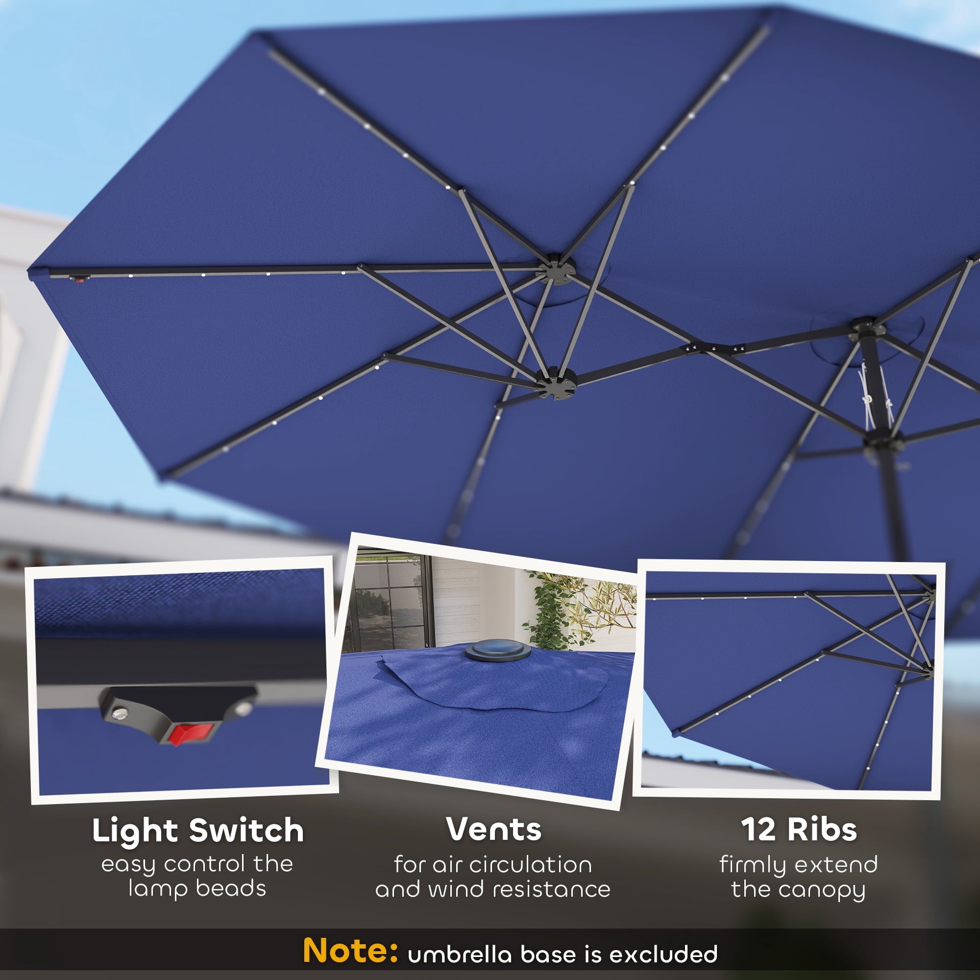 Outsunny Double-Sided Sun Umbrella, Outdoor Garden Parasol, Patio Sun Shade with LED Solar Light, Navy Blue