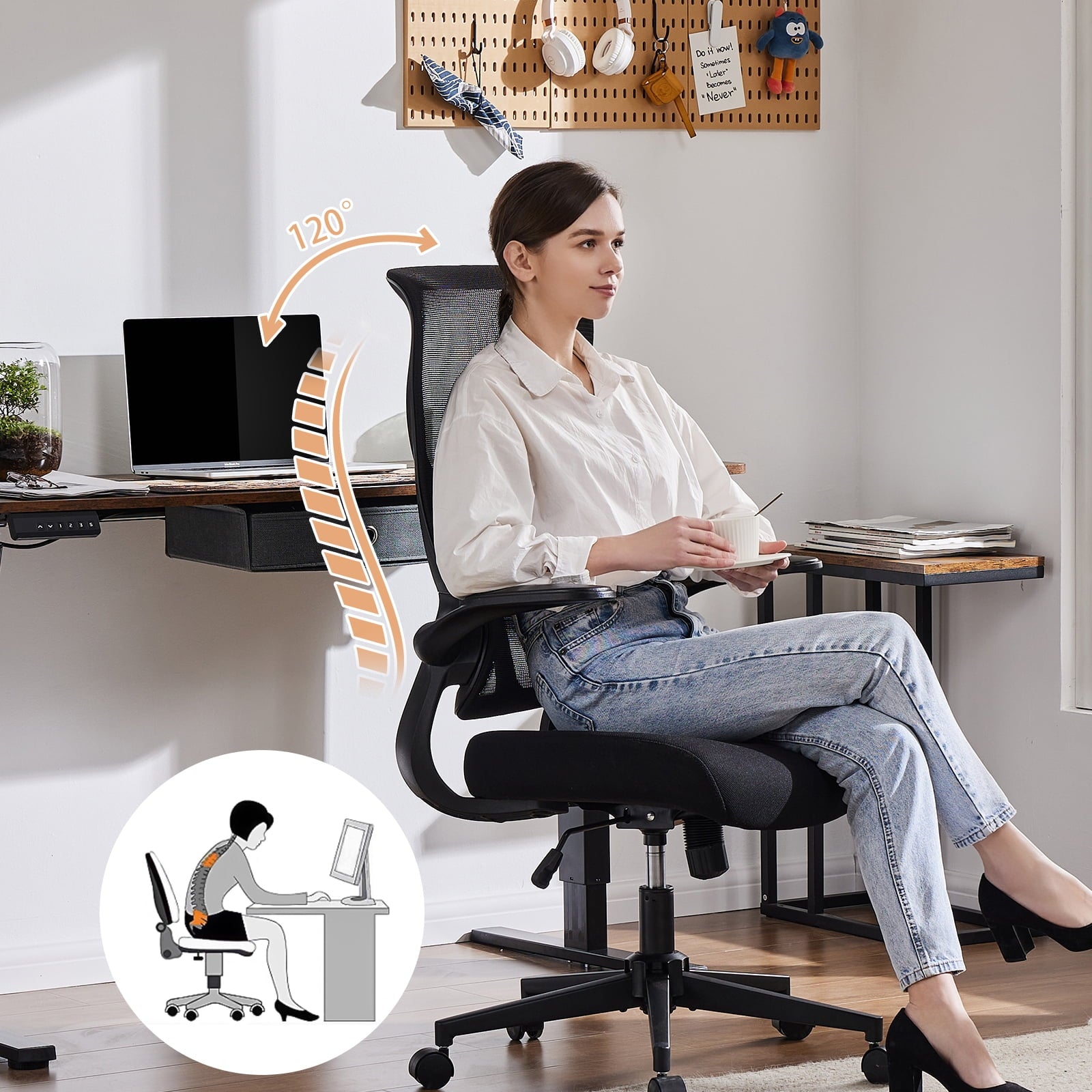 GIANNA Mesh Ergonomic Office Desk Chair, High Back Swivel Computer Chair, With 2D Headrest, Up&Down Lumbar Support, Adjustable Flip-up Armrests, Black