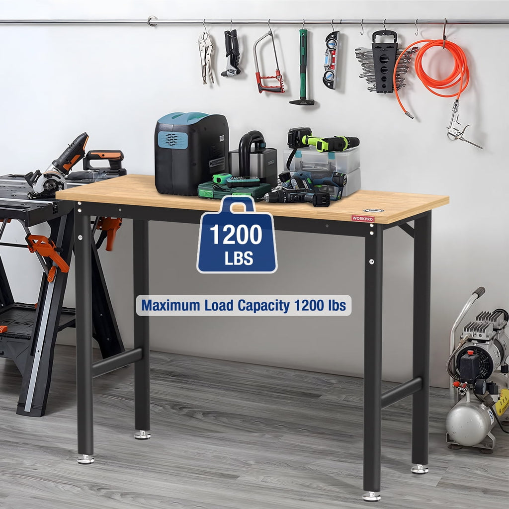 WORKPRO 60” x 24 Adjustable Workbench 1500 LBS Load Capacity Hardwood Worktable with Power Outlets, Leveling Foot