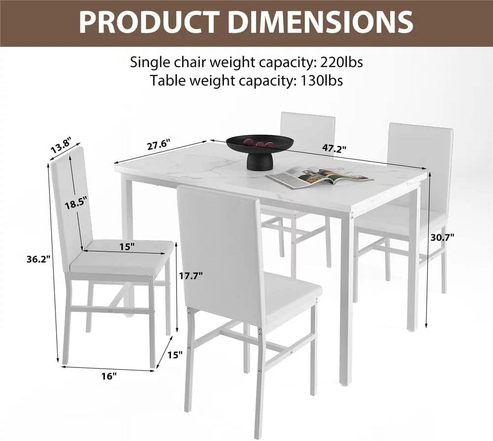 MIERES 5 Piece Dinning Table Sets for 4, Marble Kitchen Table and Chairs for 4,Dining Room Table Set with PU Leather Chairs,Faux Marble Dining Set for Small Spaces,Living Room,White+Brown