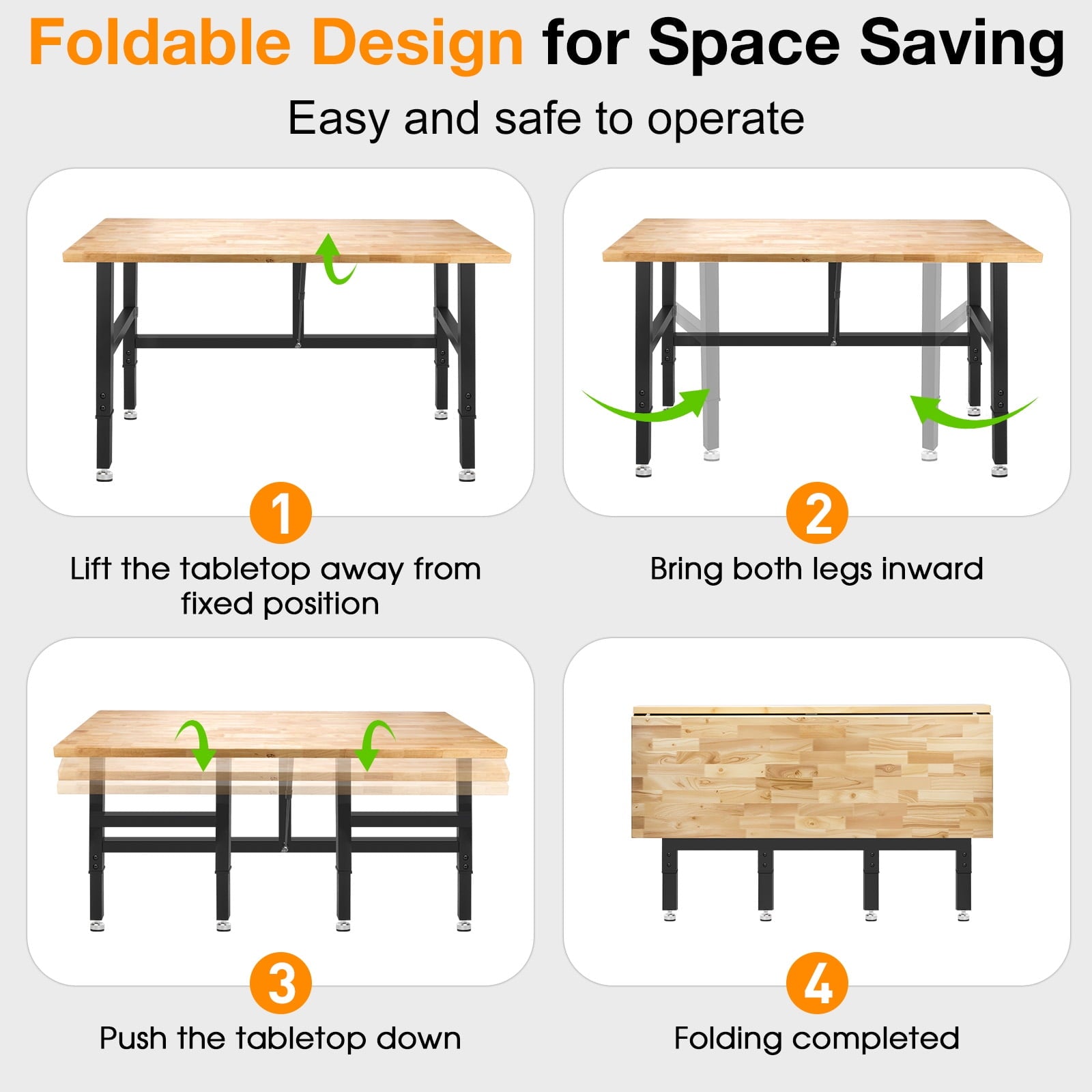 MUWOOD 48-inch Folding Workbench with Adjustable Height, Wood Worktop, Rubberwood, 2000 LBS Capacity Heavy Duty for Workshop, Garage, Office, Home