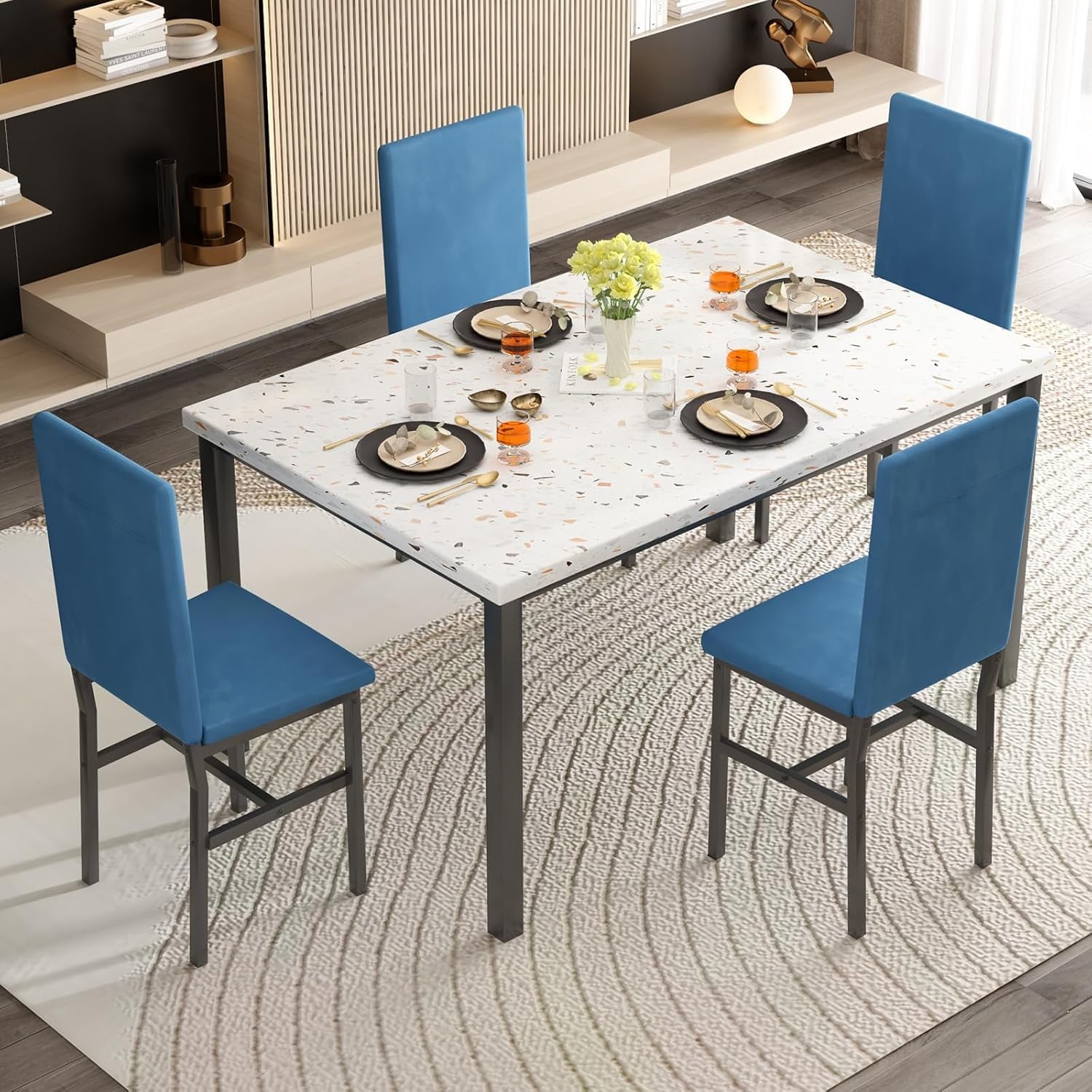 MIERES 5-Piece Dining Table Set for 4, Faux Marble Kitchen Table and 4 Chairs, Modern Dining Room Table with 4 Chairs, Dinner Table Set for Small Spaces, Brown