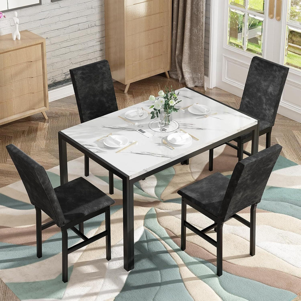 MOOSENG 5-Piece Dining Table Set with Faux Marble Top, Modern Kitchen Table and Set of 4 Grey Velvet Upholstered Chairs, Space-Saving Dinette Set for Small Spaces