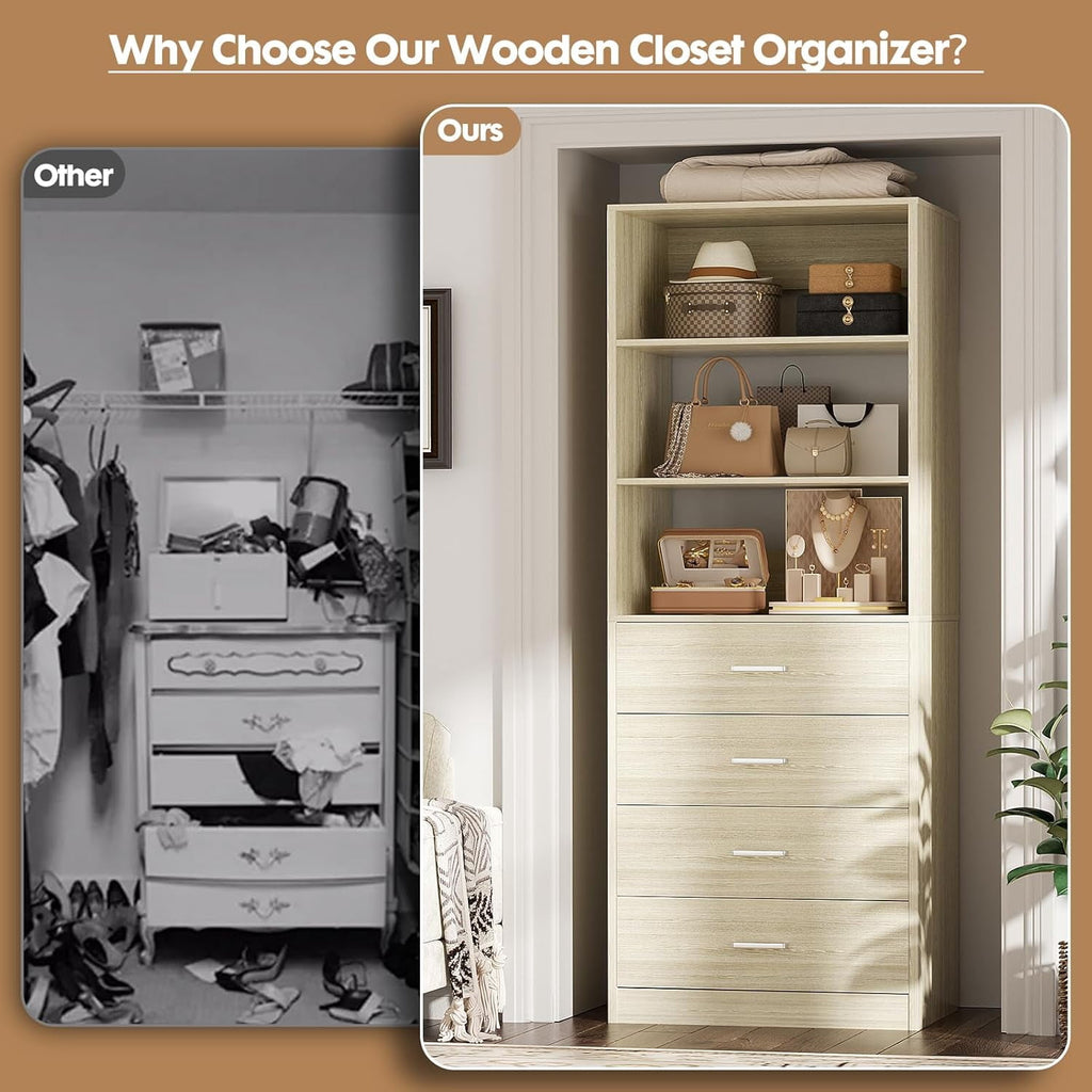 Homieasy 21.3 Inch Freestanding Closet System with 4 Wood Drawers and 3 Shelves for Walk-in Closet, Bedroom, White