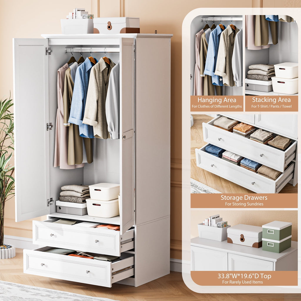 Ktaxon Wardrobe Armoire Closet with Hanging Rod, Modern Drawer & Shelf – Elegant White Finish Closet, Farmhouse to Mid-Century Style
