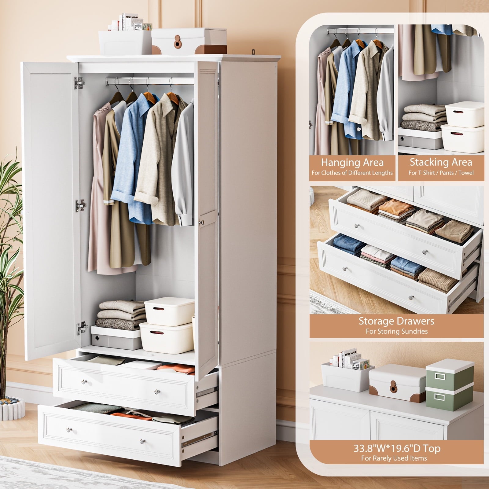 Ktaxon Wardrobe Armoire Closet with Hanging Rod, Modern Drawer & Shelf – Elegant White Finish Closet, Farmhouse to Mid-Century Style