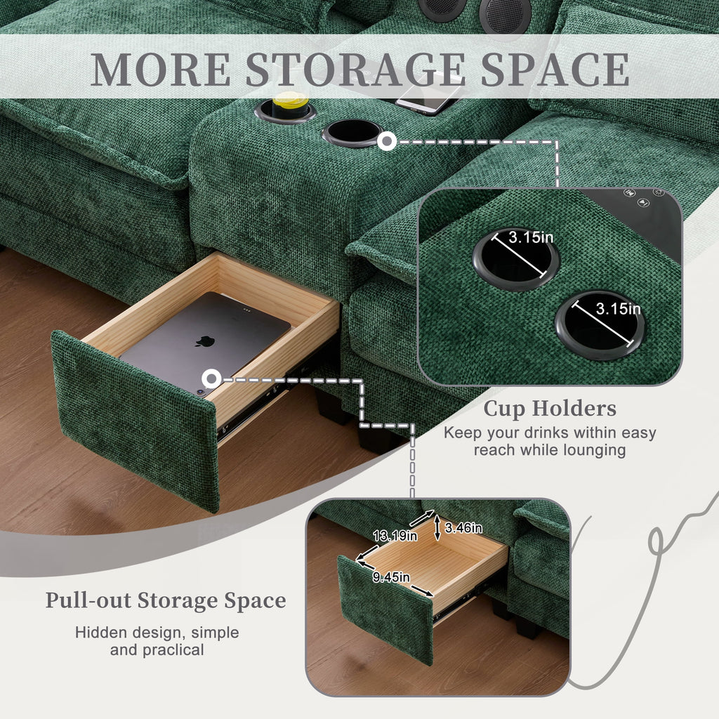 Villeston 126.77 U-Shaped Cloud Sofa With Chaise Lounge, Chenille Sofa With Wireless Charging, Bluetooth Speaker, Two Cup Holders, Storage Drawer, Suitable For Living Room,Gray