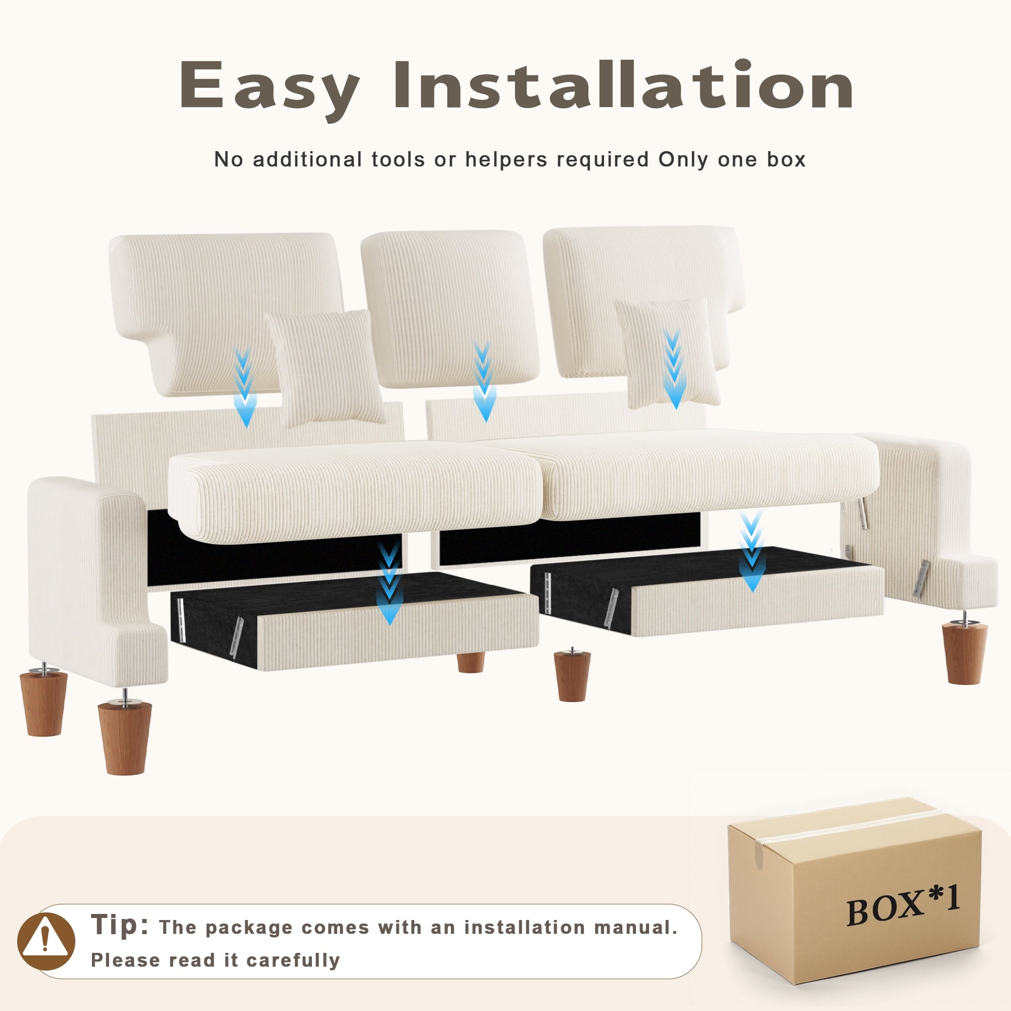 AAQZ 87 Corduroy Sofa Couch for Living Room, 3 Seater Deep Seat Comfy Couch in a Box, 2 Cushions, 2 Pillows Tool-Free Setup,Gray