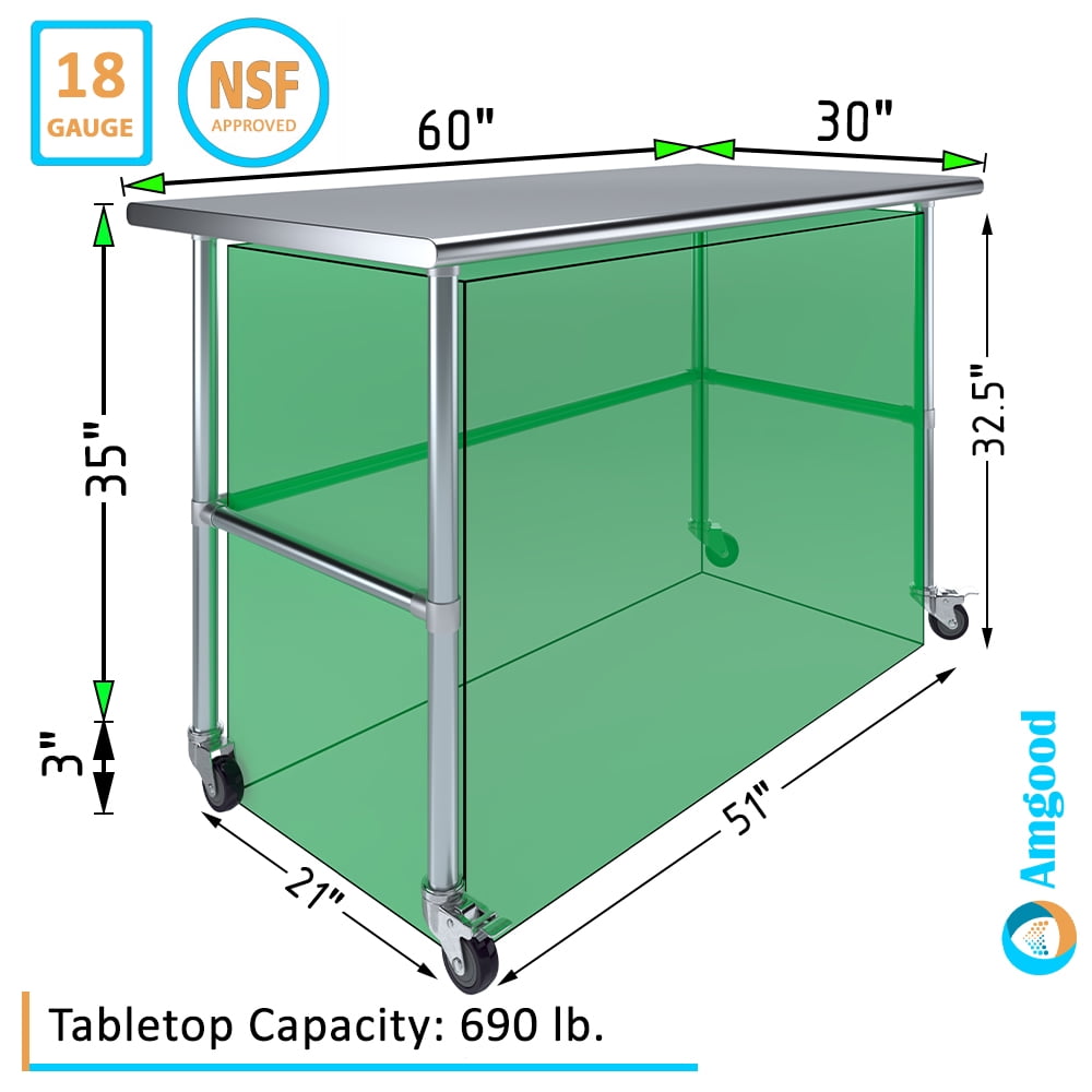AmGood 36 Long x 30 Deep Stainless-Steel Work Table with Open Base and Wheels, Mobile Metal Table