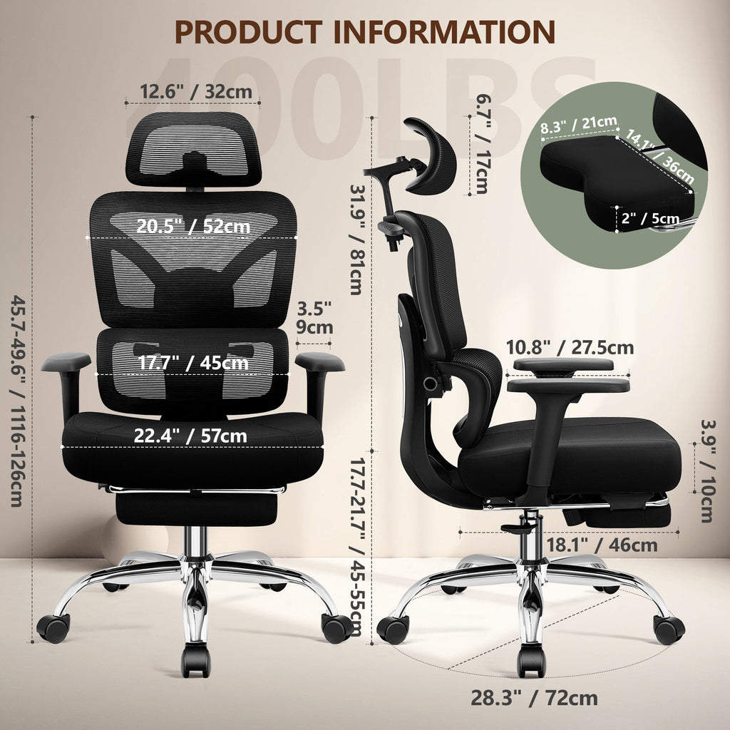 COOLHUT Ergonomic Mesh Office Chair with Footrest, Big and Tall Computer Desk Chair with Adjustable Lumbar Support, Headrest and Armrest, High Back Home Office Chair for Workspace, 300LBS, Black