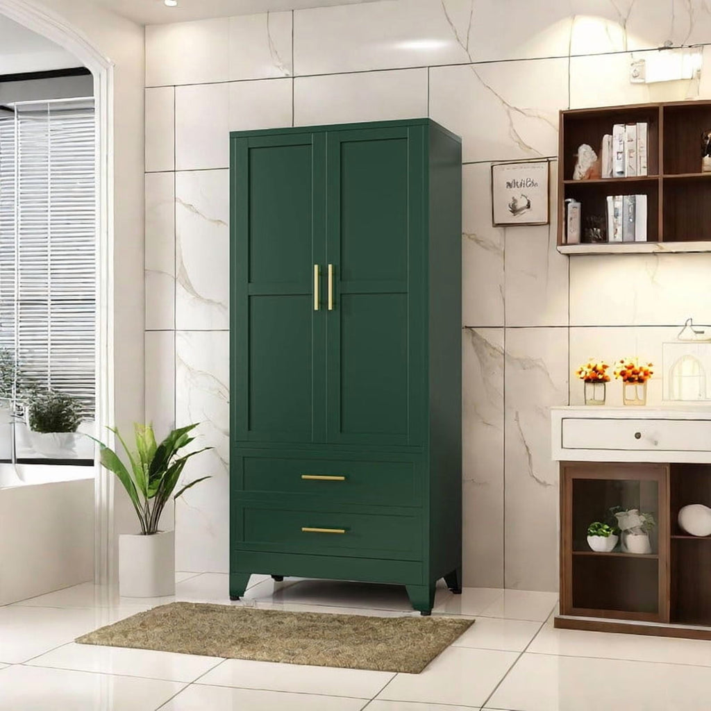 EROSOEI Metal Freestanding Armoire Wardrobe Clost With Hanging Rod and Drawers