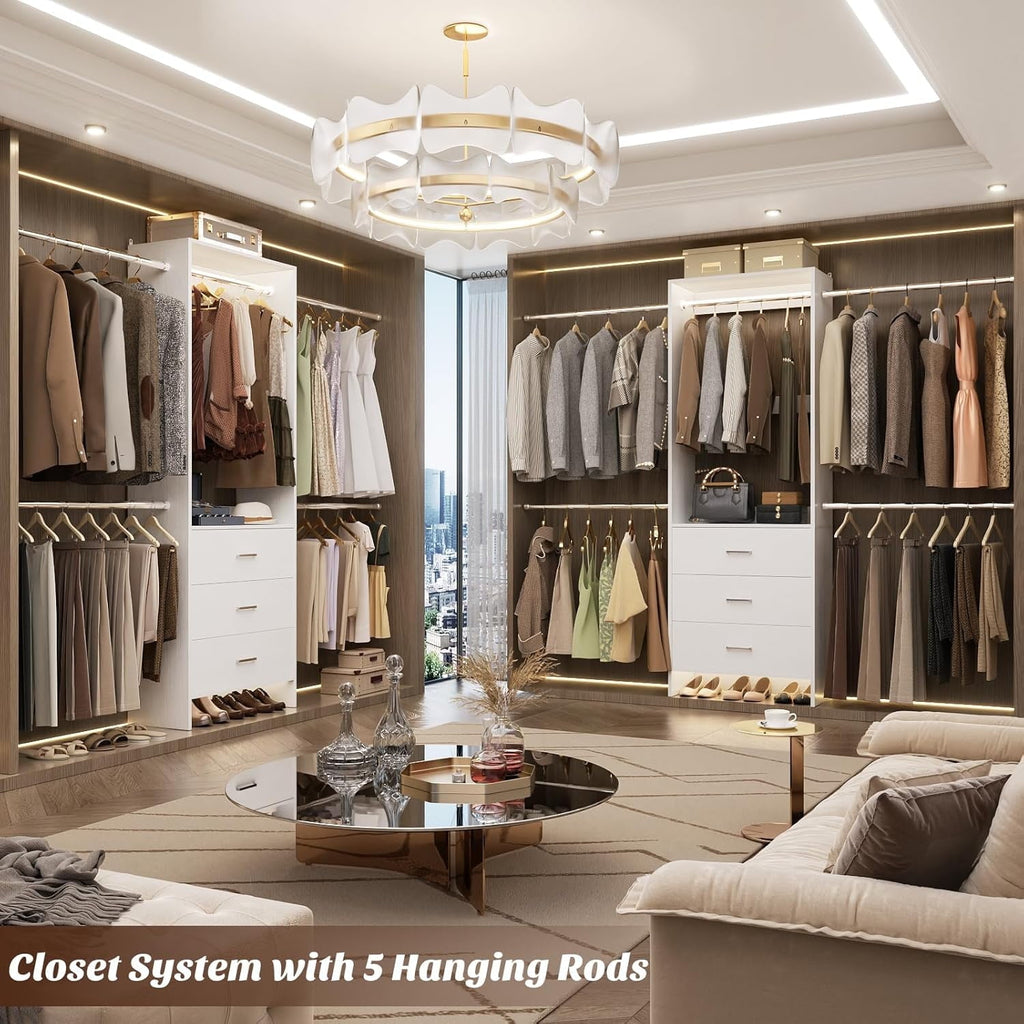 Homieasy Closet System, Closet Organizer with 3 Wooden Drawers, Walk-in Closet Wardrobe Clothes Rack with 4 Hanging Rods, Garment Rack, White