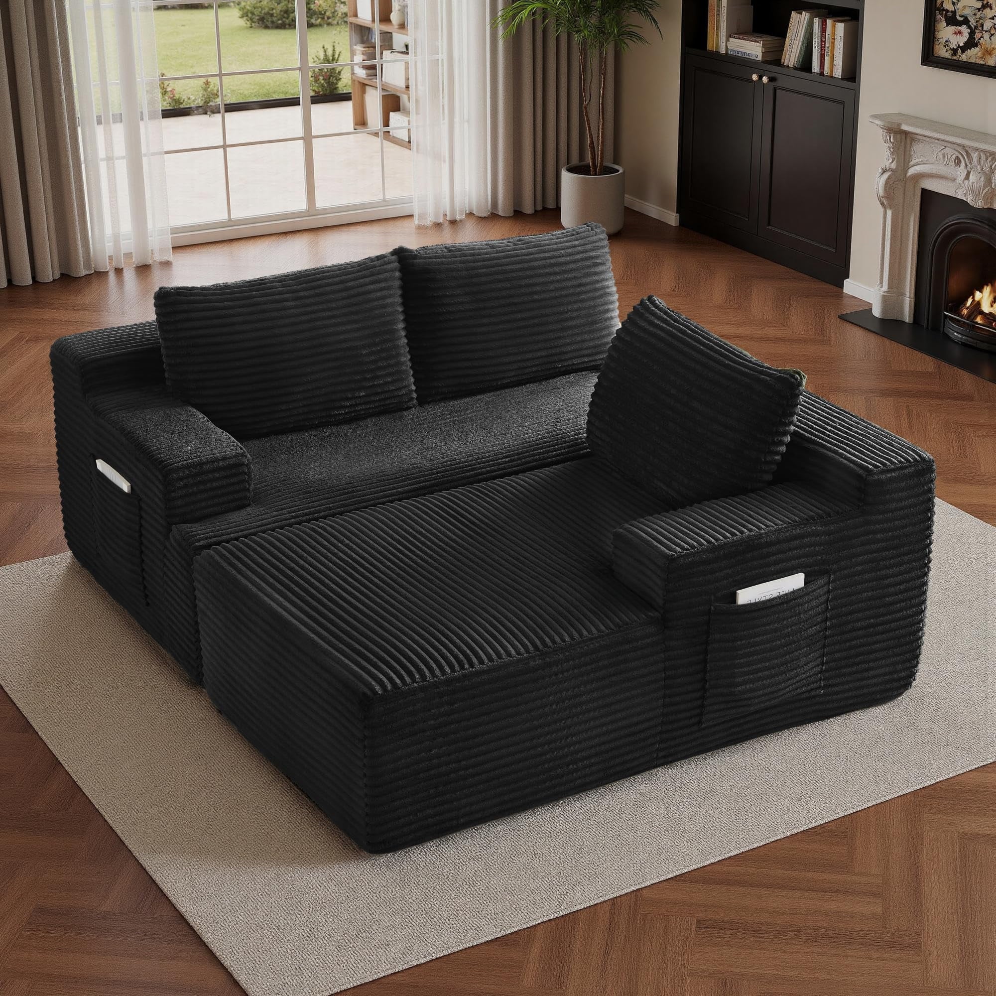 96 L-Shaped Sectional Couches for Living Room, Modular Cloud Couch with Chaise, Corduroy Deep Seat Boneless Sofa, No Assembly, Black