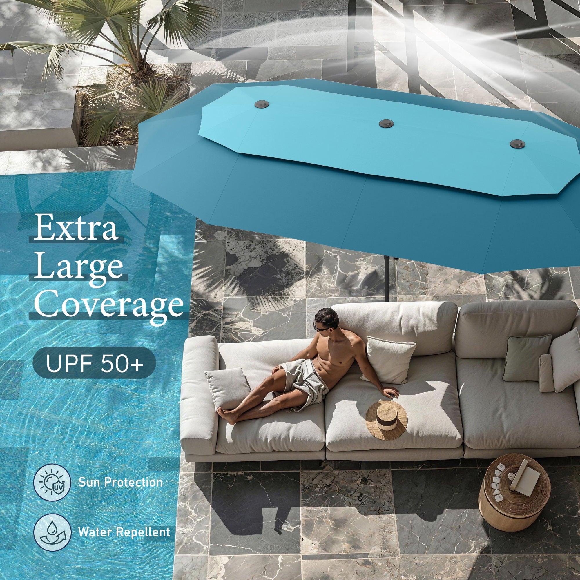SUMMIT LIVING 13FT Patio Umbrella with Base Included - Double-Vented Rectangle Outdoor Market Umbrella for Patio - Beige