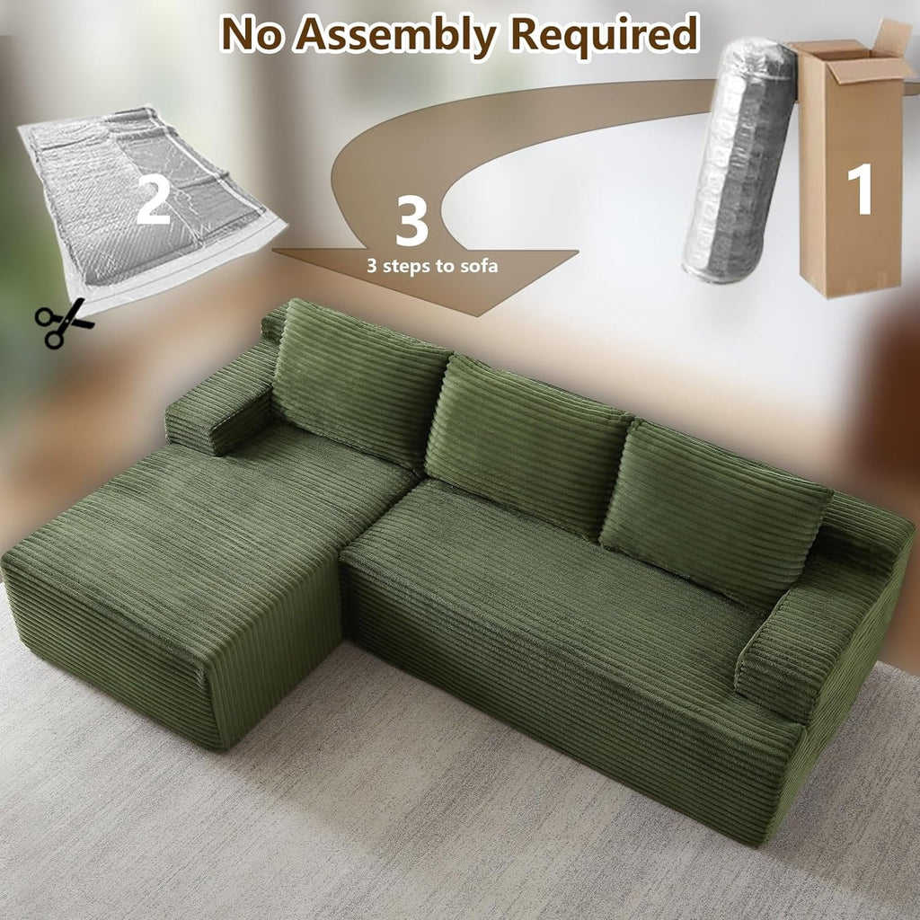 96 Boneless Cloud Couch with Chaise, Modular Sectional Sofa for Living Room, No Assembly Required, Deep Seat Corduroy Couch, Green